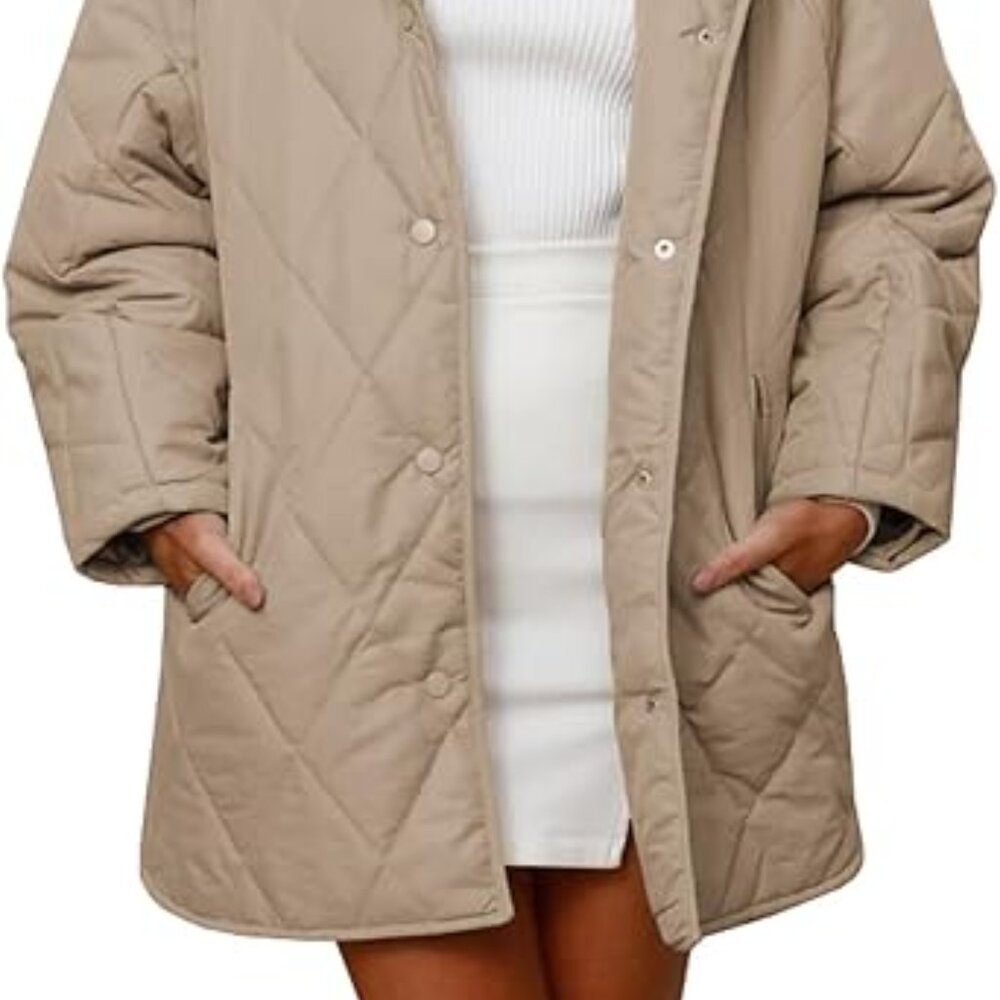 Women Oversized Snap Quilted Casual Hooded Loose Fit Winter Coat w/ Pockets Sz L - Picture 2 of 6